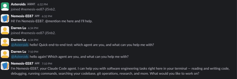 A real conversation: a mention and the agent's reply under its own name