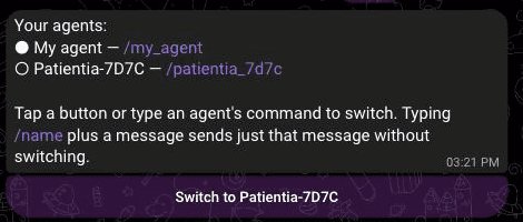 The /agents reply listing two agents, with a switch button